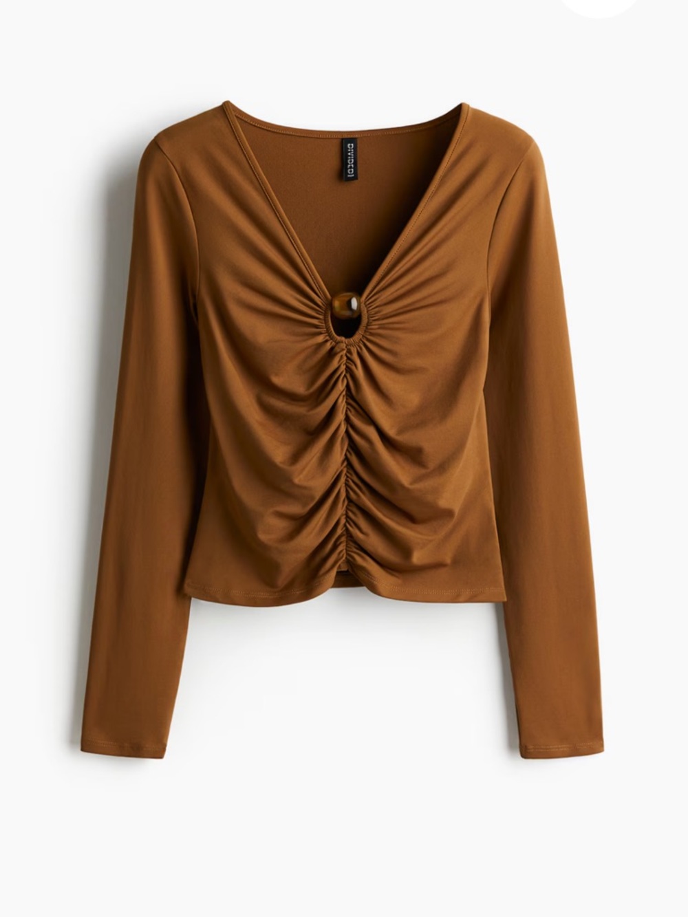 Ruched Long-Sleeve V-Neck Top in Brown